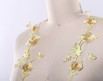 Yellow Rose Embroidery Applique: Iron On Flower Patch (Set of 2)