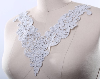 Soft Silver Lace Applique/ Metallic Venice Lace V Shaped Applique with Eloborate Ground Work/ Silver Applique