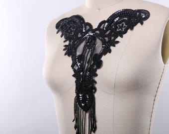 Black Applique/ Black Beaded Applique Dramatic Black Neckline Beaded Sequined  Beaded Fringe Detail in Sweetheart Shape. Iron on Backing