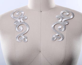 Silver Applique Pair Embroidered Silver Appliques Iron on. Swirl Shape First Class Metal Embroidery Great for Costumes Gowns and Accessories