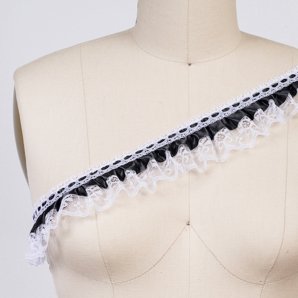 Black and white Ruffle Trim / Black Ruffled Lace / French Maid Lace for Costume