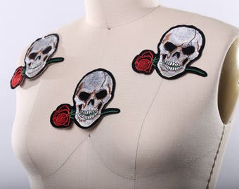 Skull & Rose Embroidered Patch: Iron-On Denim Jacket Applique