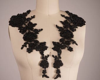 Black Beaded Flower Applique Pair: Mirrored Lace Trim