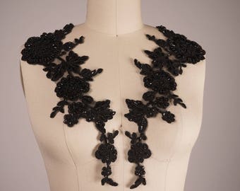 Black Applique Beaded Flower Applique. Pair Flower Applique for Evening Gowns. Flower Design Mirrored/ Black Beaded Lace Trim