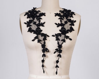 Beaded Black Applique Set on Netting 2 Pieces Mirrored Delicate and Defined