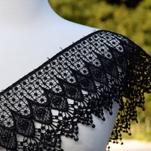May include: Black lace trim with a scalloped edge. The lace has a delicate floral pattern.
