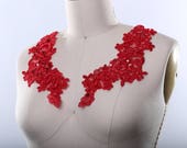 Red Lace Applique. Red Applique Red Beaded Applique with Pearls and Sequins. Embroidered Heavily with Complex design Lipstick