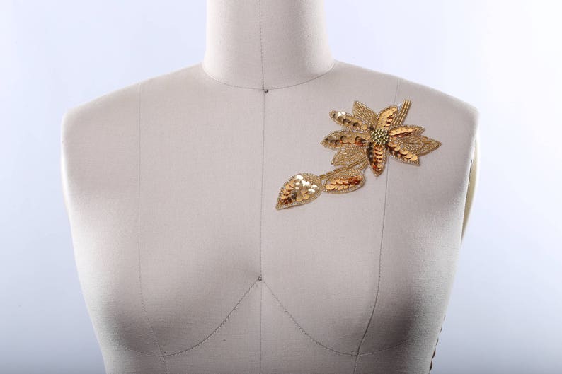 Antique Gold Sequined Flower Patches Beaded Go Flower Applique with Thin Stem and Leaf Hot Fix Iron on