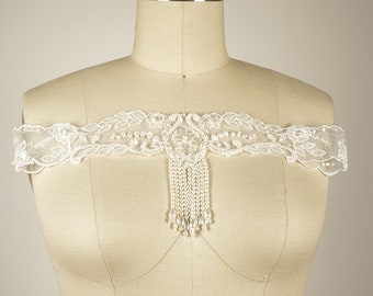 Ivory Applique Off the shoulder Applique/ Pearl Like Beaded Fringe Down the Cleavage. Lace Detail with Beading