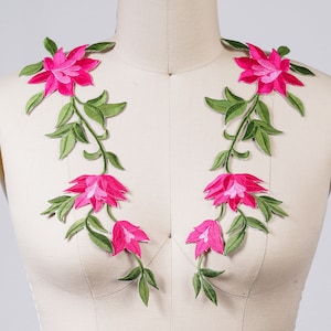 2 Fuchsia Lily Patch Hot Pink Flower Patch Iron Green Leaf Lily Geborduurde Flower Patches / Applique met Iron-on Backing