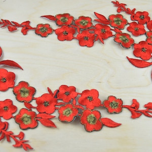 2 Red Embroidery Flower Patches/ Applique with Antique Gold Detailing and Iron-on Backing/ Red Flower Applique