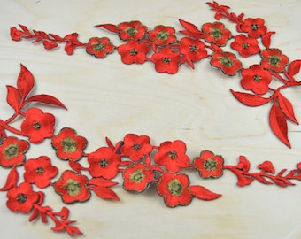 Red Embroidered Flower Applique with Antique Gold (Set of 2)