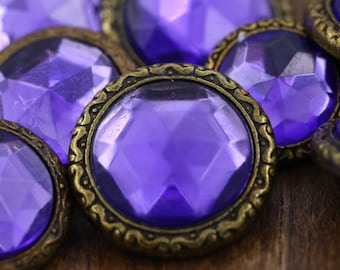Purple Crystal Button/ 4 pcs/ Acrylic Purple Stone Set on Bronze Backing/ Shank Button 24L / 15mm / 5/8"