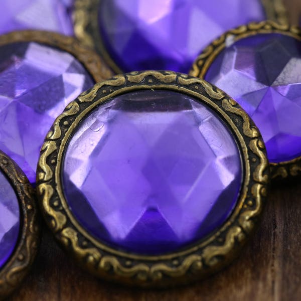 Purple Crystal Button/ 4 pcs/ Acrylic Purple Stone Set on Bronze Backing/ Shank Button 24L / 15mm / 5/8"