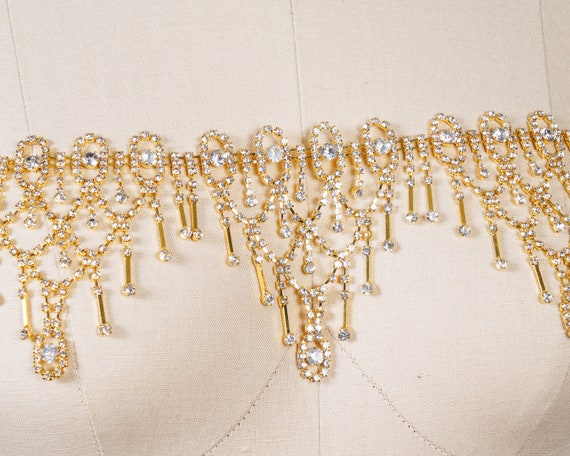 Gold Rhinestone Trim Dangled Trim 3.5 Height Rhinestone Trim for Headpiece  