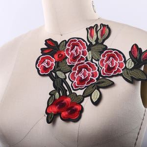 Flower Applique Red and Black Flower Applique with Olive Green Leafs and Black Branches Iron on Backing
