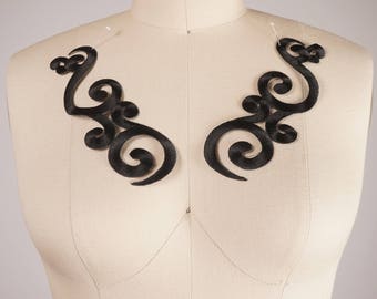 Black Applique/ Iron on Black Embroidery Applique/ Swirled Design/ Comes in Pair/ Iron on Backing