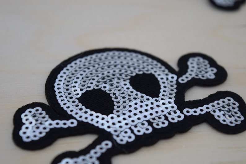 Skull Patch Silver Sequined And felt Skull and Bones Patches with Iron on Backing.
