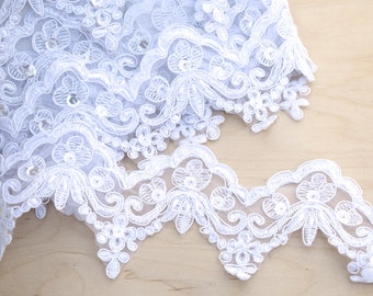 White Lace Trim Optic White Beaded Bridal Lace Trim Set on Organza, Adorned with Pearls and Sequins- Perect for Edging and Veils