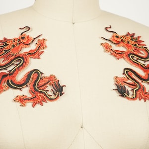 Dragon Patches PAIR of Chinese Red Dragon Patches. Satin, Embroidery Material. Iron on Backing. Tail Tongue Red, Black and Gold 5.5&quot;