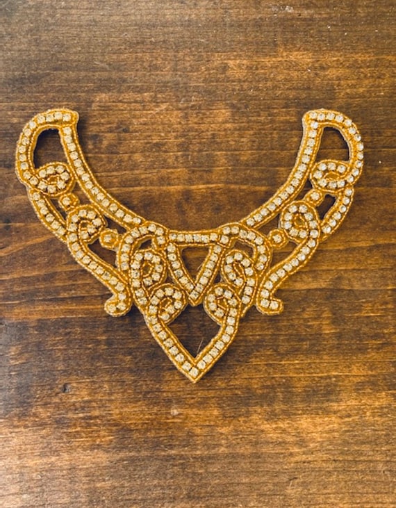 Gold Rhinestone Collar Applique: Iron On Bead Neckline Piece