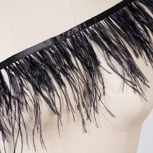 Black Ostrich Feather Fringe 4&quot;-6&quot; Height Single Ply Available in White Sewn into Matching Satin Ribbon