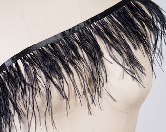 Black Ostrich Feather Fringe 4"-6" Height Single Ply Available in White Sewn into Matching Satin Ribbon