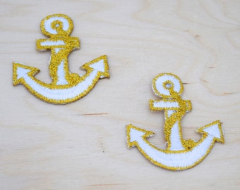 Anchor Iron On Patch: White and Metallic Gold Nautical Applique (2 Pieces)
