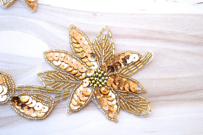 Antique Gold Sequined Flower Patches Beaded Go Flower Applique with Thin Stem and Leaf Hot Fix Iron on