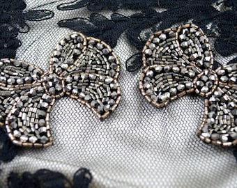 Crystal Beaded Bow Patch: Black & Grey Applique (3.5" x 2.5")