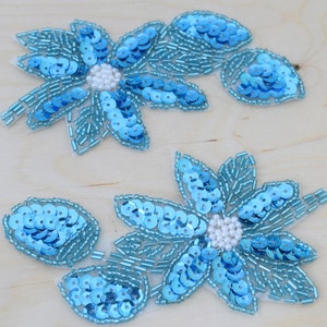 2 Vibrant Aquamarine Flower Applique Beaded and Sequined Flower is Centered withPearl Beading