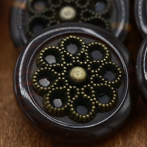 Brown Plastic Coat Buttons: Bronze Metal Flower Shank - 20mm, Set of 4