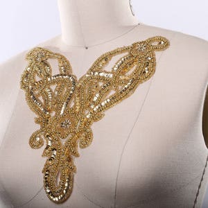 Gold Sequined Applique/ Gold Applique/ Gold Iron on Applique/ Gold Beaded Applique/Neckline Applique 10&quot; Across