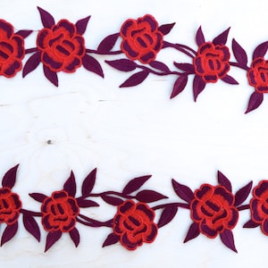 2 Red and Burgundy Flower Appliques/ Embroidery Flower Patch. Roses on a Vine. Iron on Backing