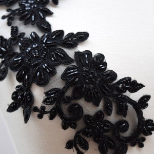 Black Beaded Applique 2 Piece Heavily Beaded Stunning Black Mirrored Applique Set on Black Mesh with Flower Motif CALANTHA image 5