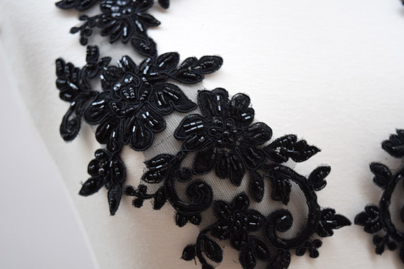 Black Beaded Applique 2 Piece Heavily Beaded Stunning Black Mirrored Applique Set on Black Mesh with Flower Motif CALANTHA image 5