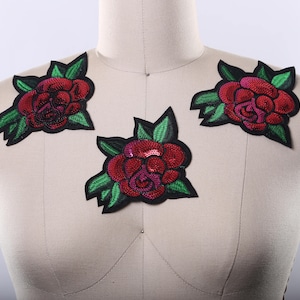 Red Rose Patch Sequined Rose Patch. Vibrant Red Color with Equally Vibrant Green Leafs/ Iron on Red Rose Applique