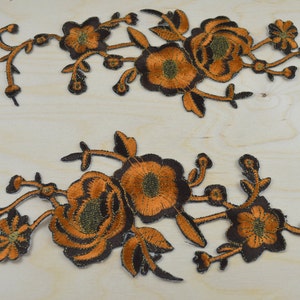 2 Brown & Rust Embroidery Flower Patches/ Flower Applique with Antique Gold Detailing and Iron-on Backing