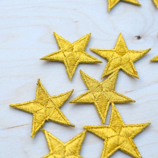 Gold Star Iron-On Patches: Metallic Thread Embroidery, 5 Pieces