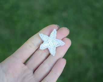4 Tiny White Star Patches with Sequins and Beading 0.75"