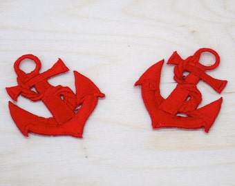 Red Anchor Iron-On Patch: Nautical Rope Detail (2-Piece)