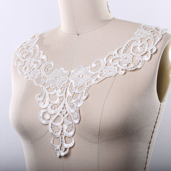 Large Ivory Venice Lace Neck Line Applique Burlesque Boudoir. High Quality. Vintage Inspiration. Swirls and Loops 13"