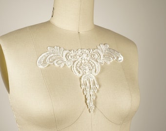 White Applique Bridal Collar Applique Alencon Beaded Applqiue  Toned Beaded Fringe in the Middle/
