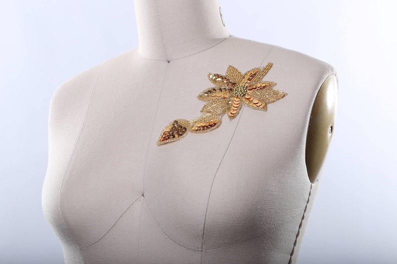 Antique Gold Sequined Flower Patches Beaded Go Flower Applique with Thin Stem and Leaf Hot Fix Iron on