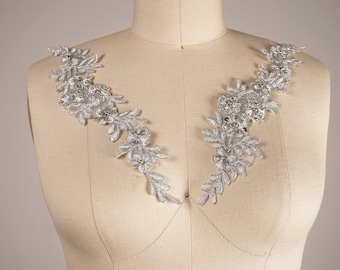 Silver Alencon Lace Applique: Pearl & Sequin Floral, Mirrored Pair