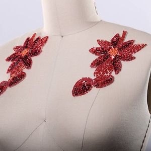2 Red Flower Patches Red Beads and Sequins Flower Applique with Leaves. Iron on Backing Vibrant Perfect for Costumes