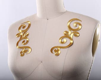Gold Embroidered Applique Pair: Metallic Iron-On Patches