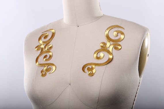 Gold Applique Gold Patch Metallic Gold Appliques Iron On. Fine Embroidery  in Mirrored Shape Perfect for Neckline 