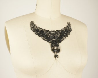 Beaded Black Lace Collar Applique: Flapper Style Fringe