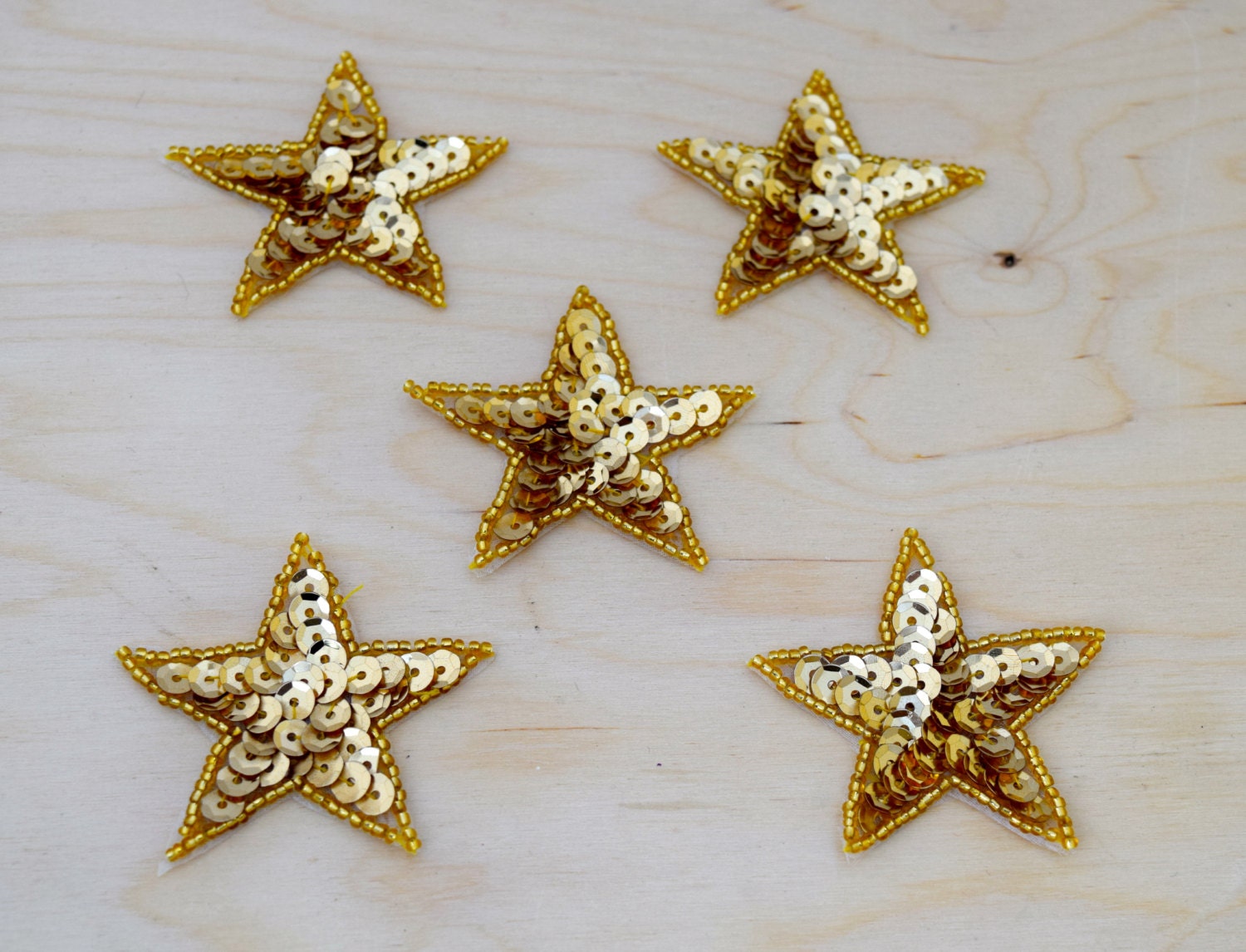 5 Gold Sequin stars/ Gold Star Patches/ Beaded Bordering and Etsy